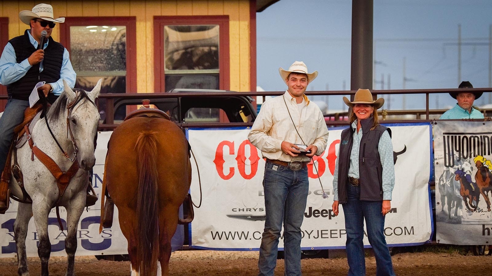 Trace Travnicek receiving his buckle for being the 2024 series champion tie down roper at the Hell on Wheels Rodeo in Cheyenne. This is the second time he’s won this accolade.