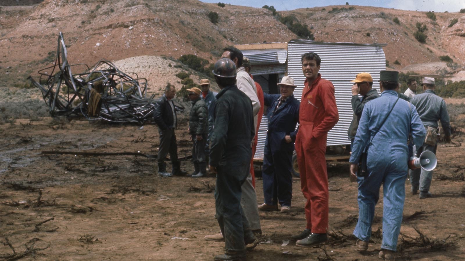 “Hellfighters” co-star Jim Hutton, center in red, on the set of the movie at the Speas Ranch, southwest of Casper.