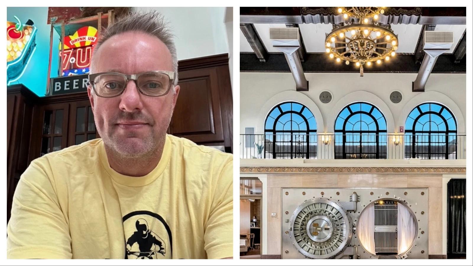 Casey Gillum and the inside of the bank he's restoring.