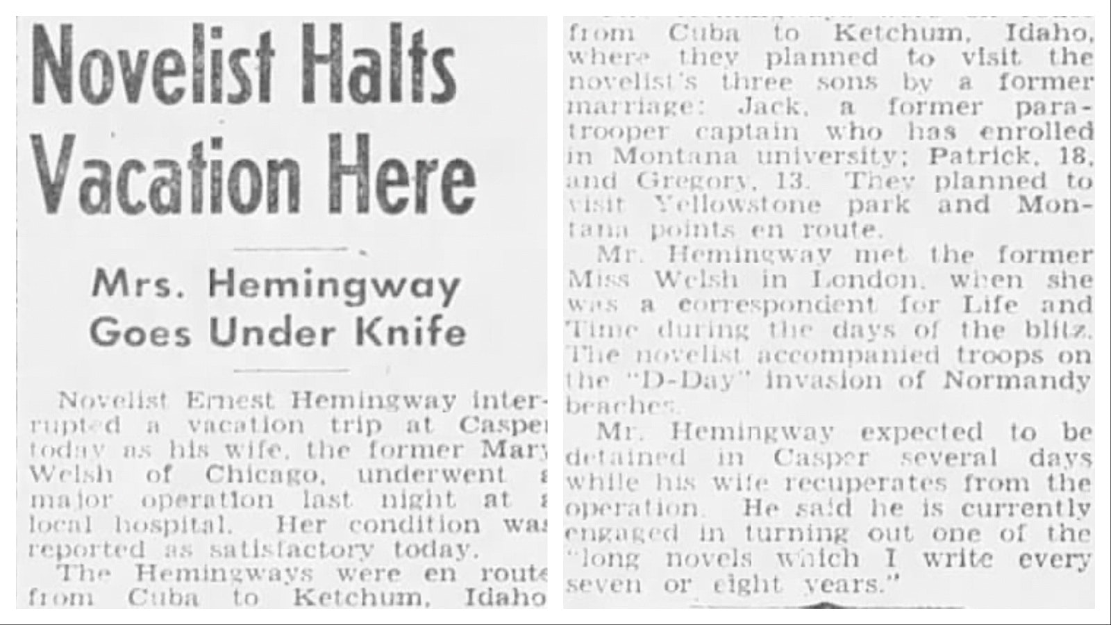 The Casper Tribune-Herald reported on Aug. 20, 1946, about the Hemingway’s emergency stop in Casper for Mary Hemingway to have surgery.