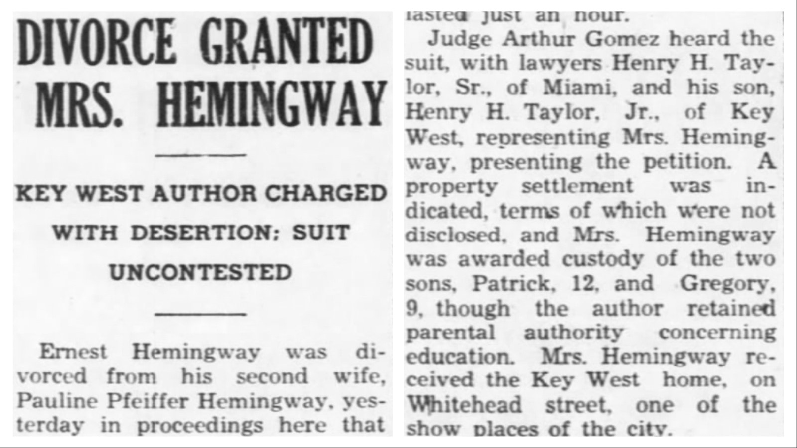 The Key West Citizen on Nov. 5, 1940, reported on Ernest Hemingway’s divorce from this second wife, Pauline.
