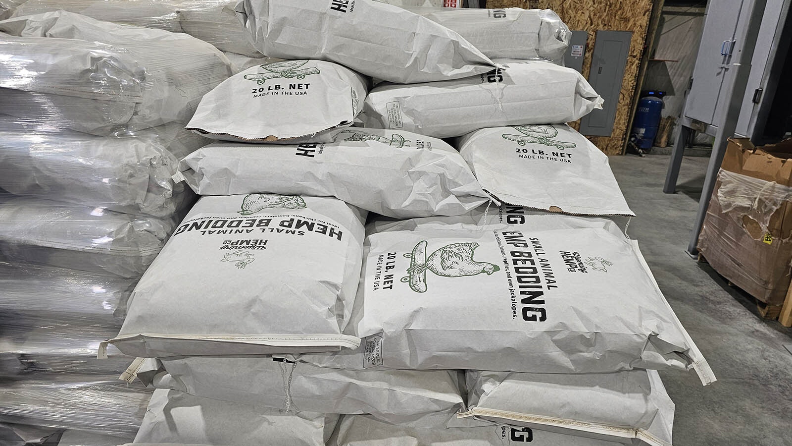 Bags of Wyoming-made hemp-based bedding ready to go out to customers.