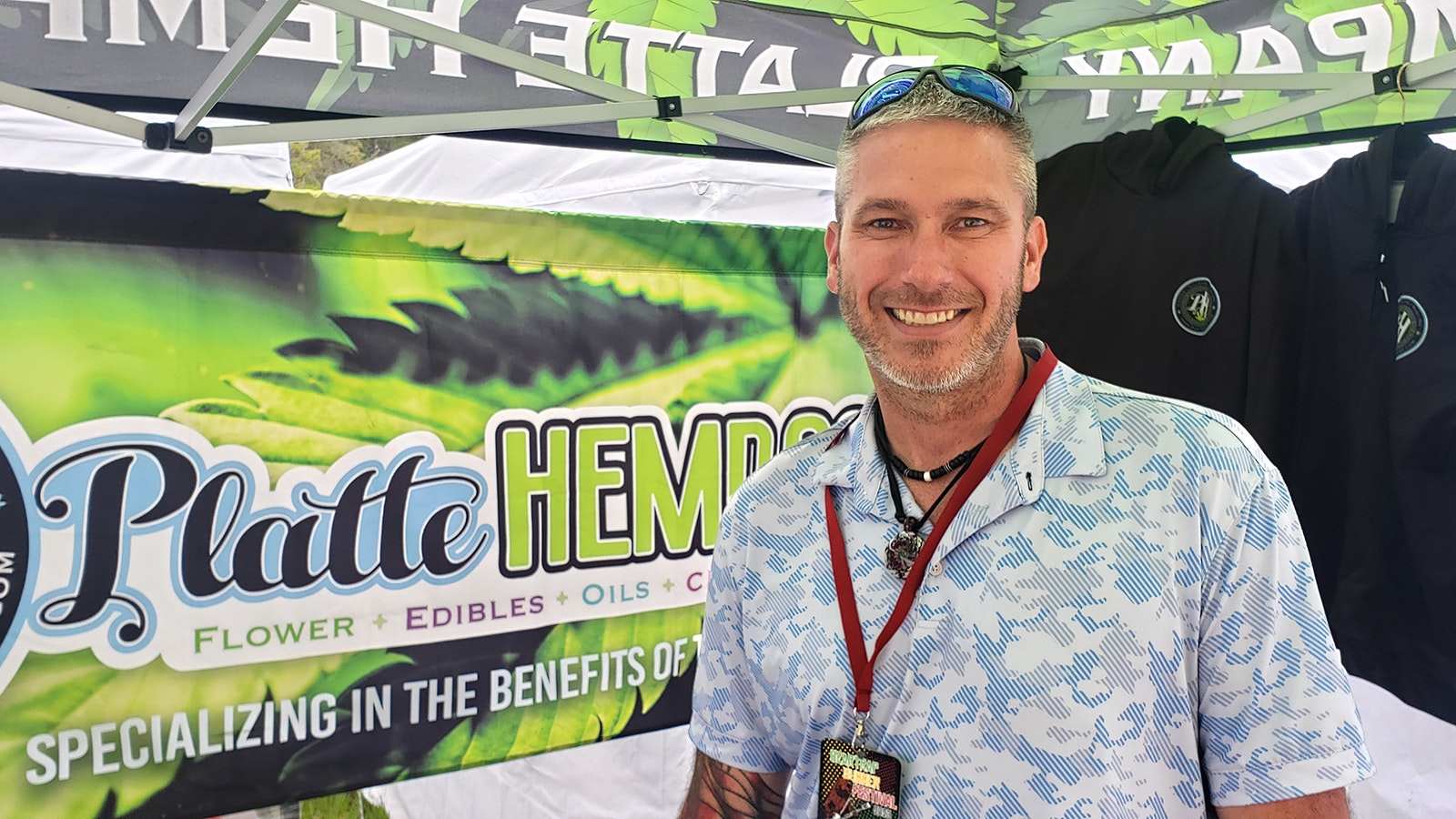 Sam Watt with Platte Hemp Co. at his booth at the 2023 Bear Trap Summer Festival in Casper.