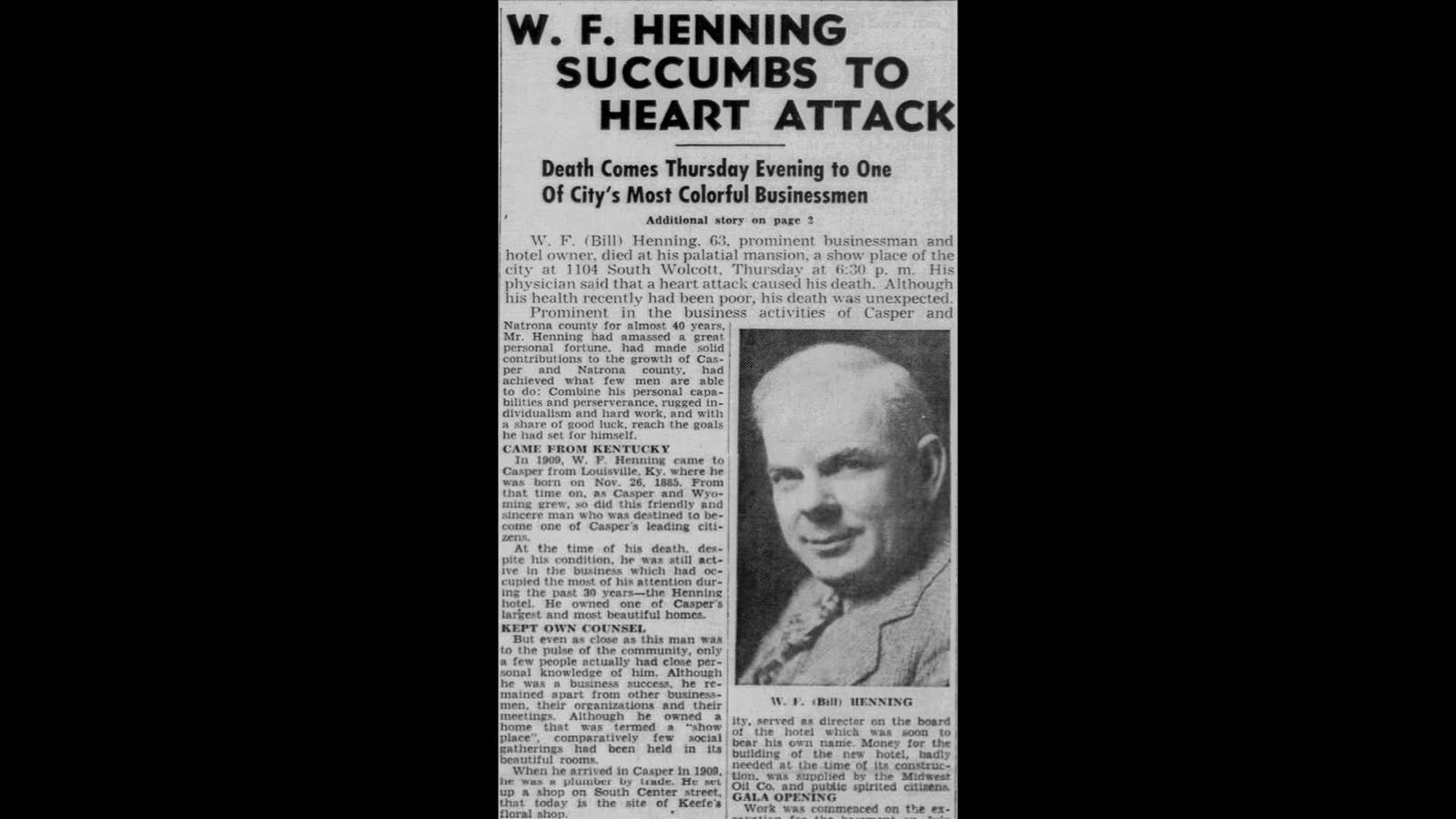 A Casper Tribune-Herald story covers the death of W.F. Henning on July 29, 1948.