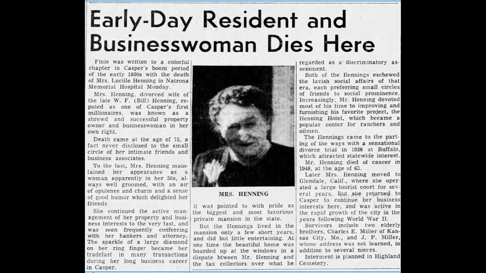 Lucille Henning died Feb. 21, 1961, in Casper. Her death generated a story in the Casper Morning Star.