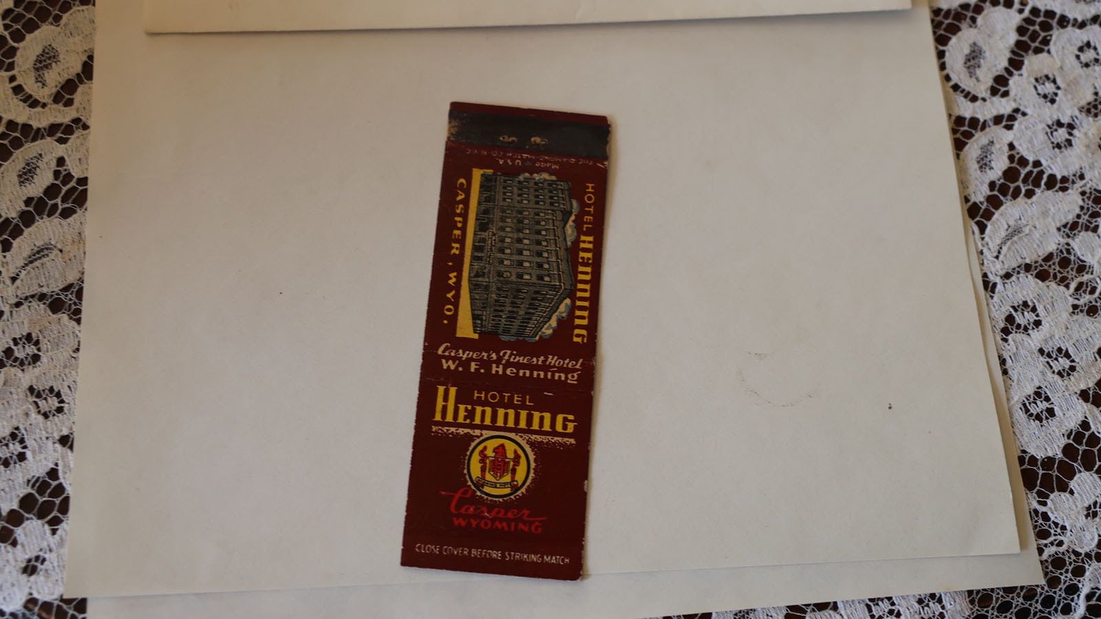 The current owners of the mansion found a Henning Hotel matchbook in of the drawers of original furniture at the mansion.