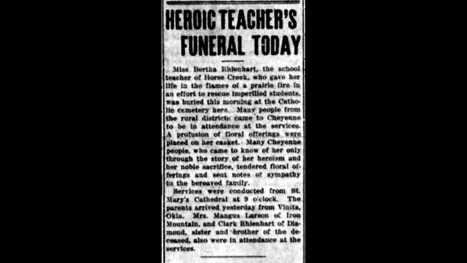 The Wyoming Tribune carried a follow-up story on Nov. 23, 1914, about the brave teacher’s funeral.