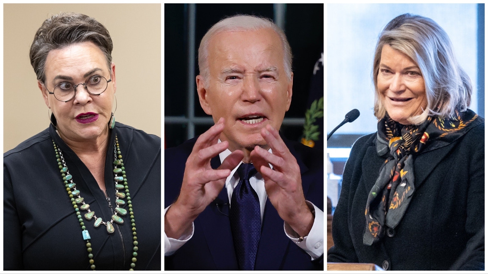 U.S. Rep. Harriet Hageman, from left, President Joe Biden and U.S. Sen. Cynthia Lummis.