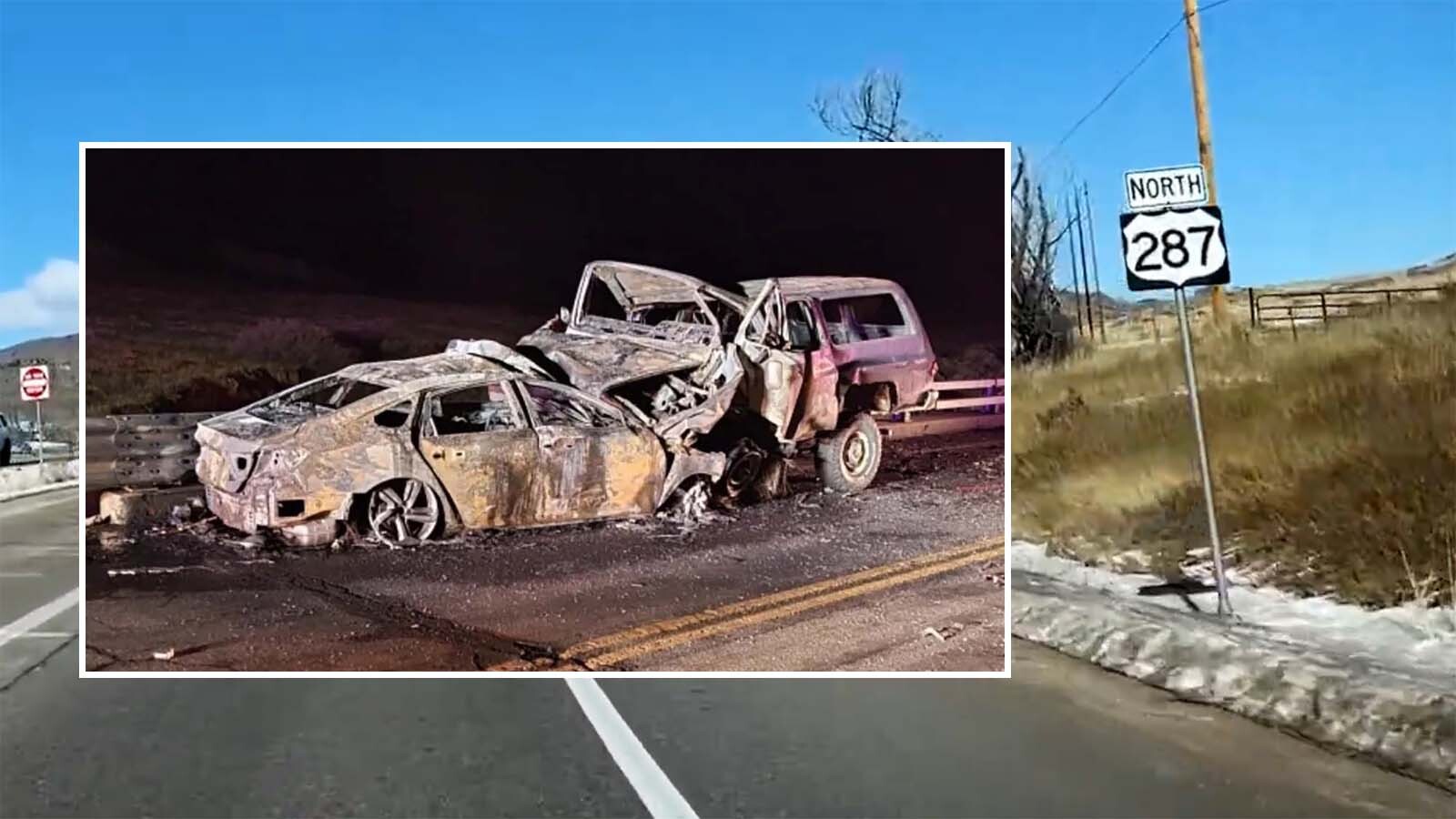 A pair of vehicles that burned up after a head-on collission on U.S. Highway 287 on Oct. 17, 2025.