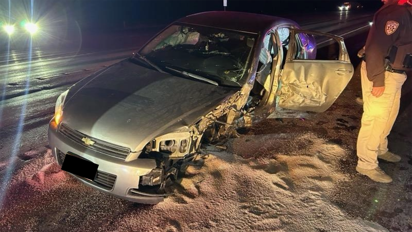 Four teens in this Chevy Impala escaped serious injury when they collided head-on with a semi south of Gillette on Sunday. They then were struck by a second semi.