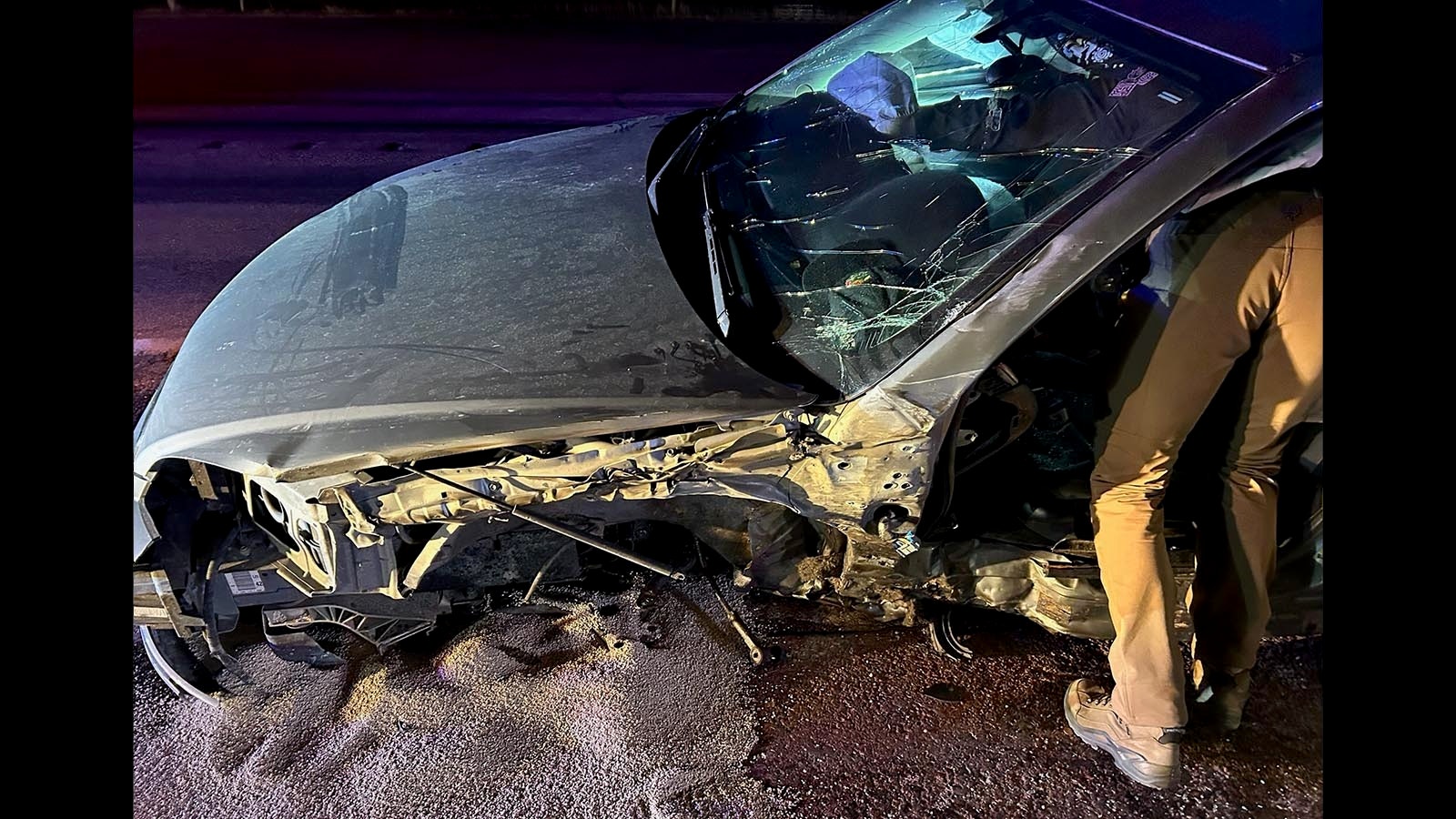Four teens in this Chevy Impala escaped serious injury when they collided head-on with a semi south of Gillette on Sunday. They then were struck by a second semi.
