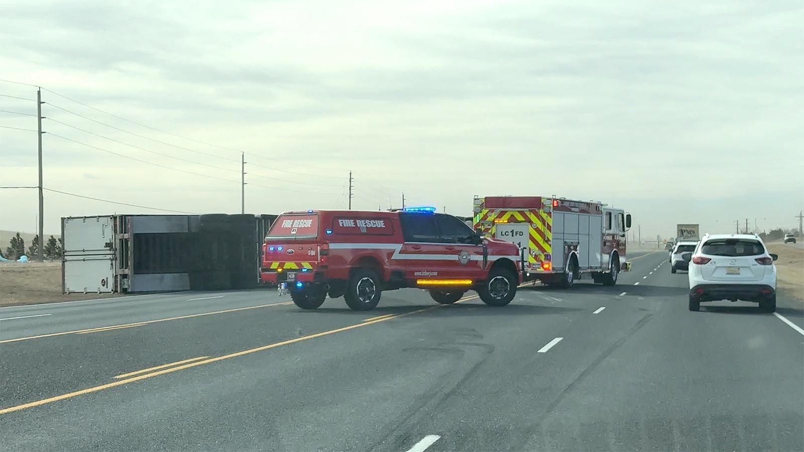 A semitrailer that blew over on Highway 85 on Thursday just south of Cheyenne.