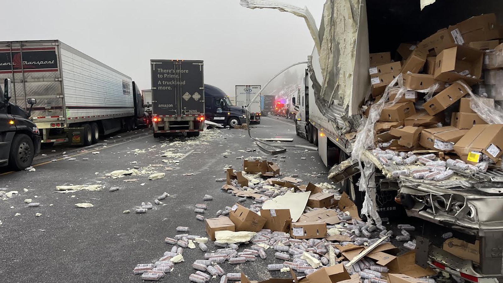 A semitrailer was torn open, spilling a load of ground beef across Interstate 80 Thursday evening after a pileup involving several semitrailers.