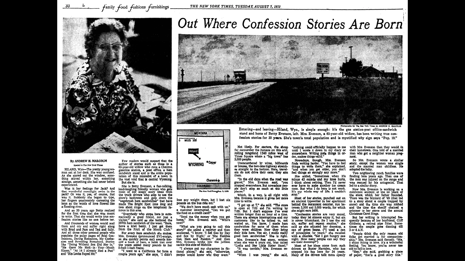 The New York Times published a feature story on Betty Evenson as she ran the Bright Spot and still wrote stories for romance magazines on Aug. 7, 1973.