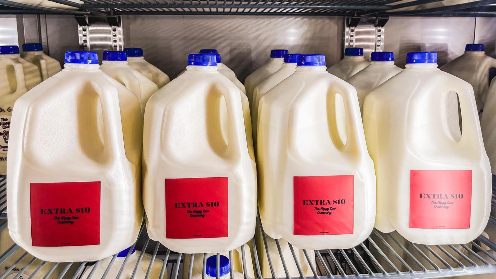 A cooler full of milk ready for customers.