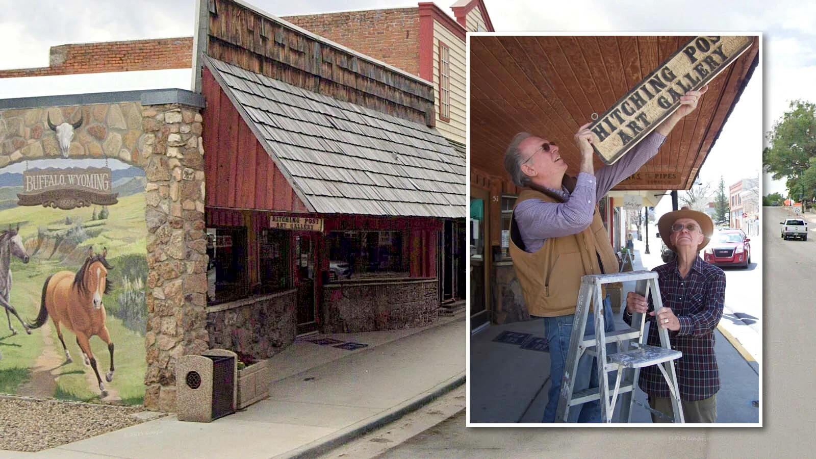 Hugh Jennings (left) takes down the sign at the Hitching Post Gallery with the help of his father William Jennings. The two opened the gallery in 1993 and closed the longstanding shop earlier this month.