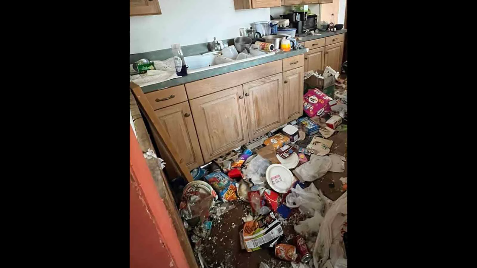 A kitchen inside a Wyoming home cleaned by Jones shows how years of accumulated belongings and household waste can leave once-functional spaces difficult to safely use.