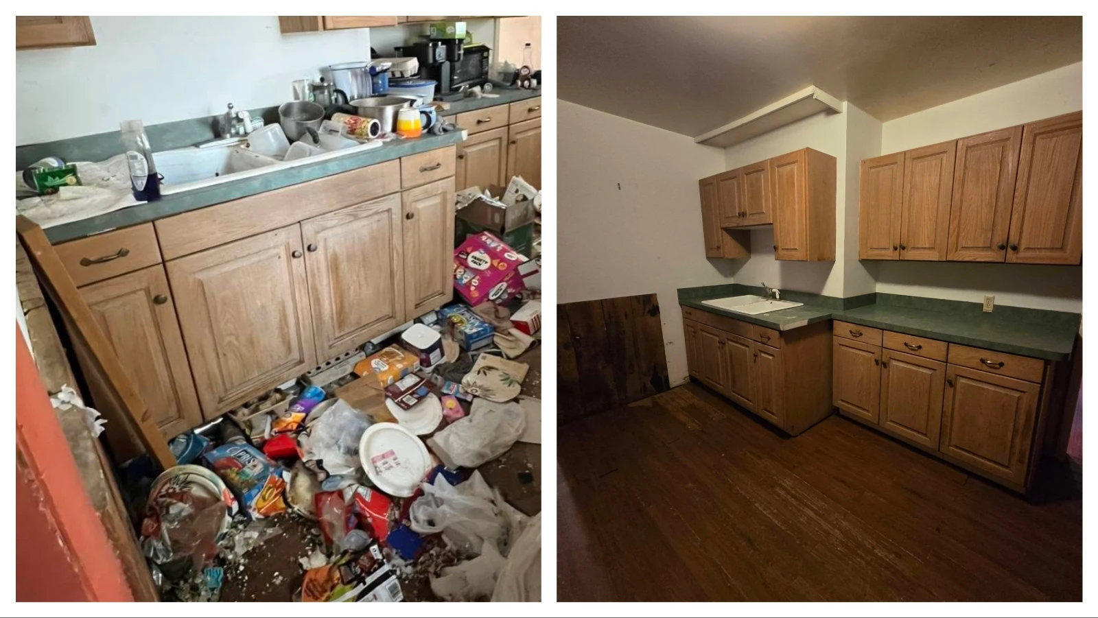 Before and after photos of a kitchen clean-out by April Jo Jones and her crew.