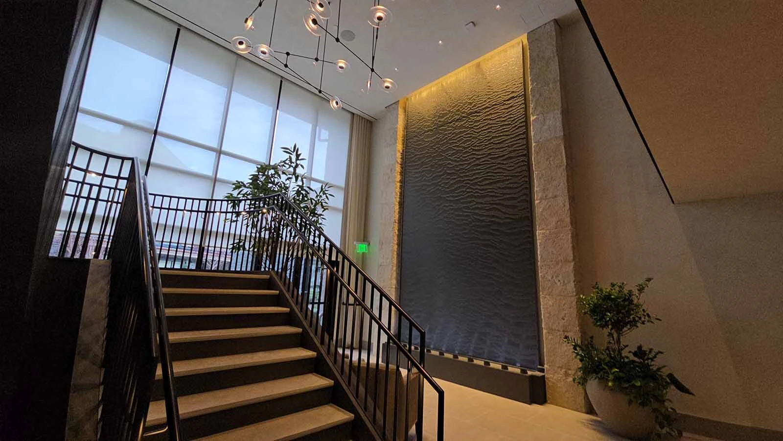 A water wall in a quiet seating area at Hoback Club.
