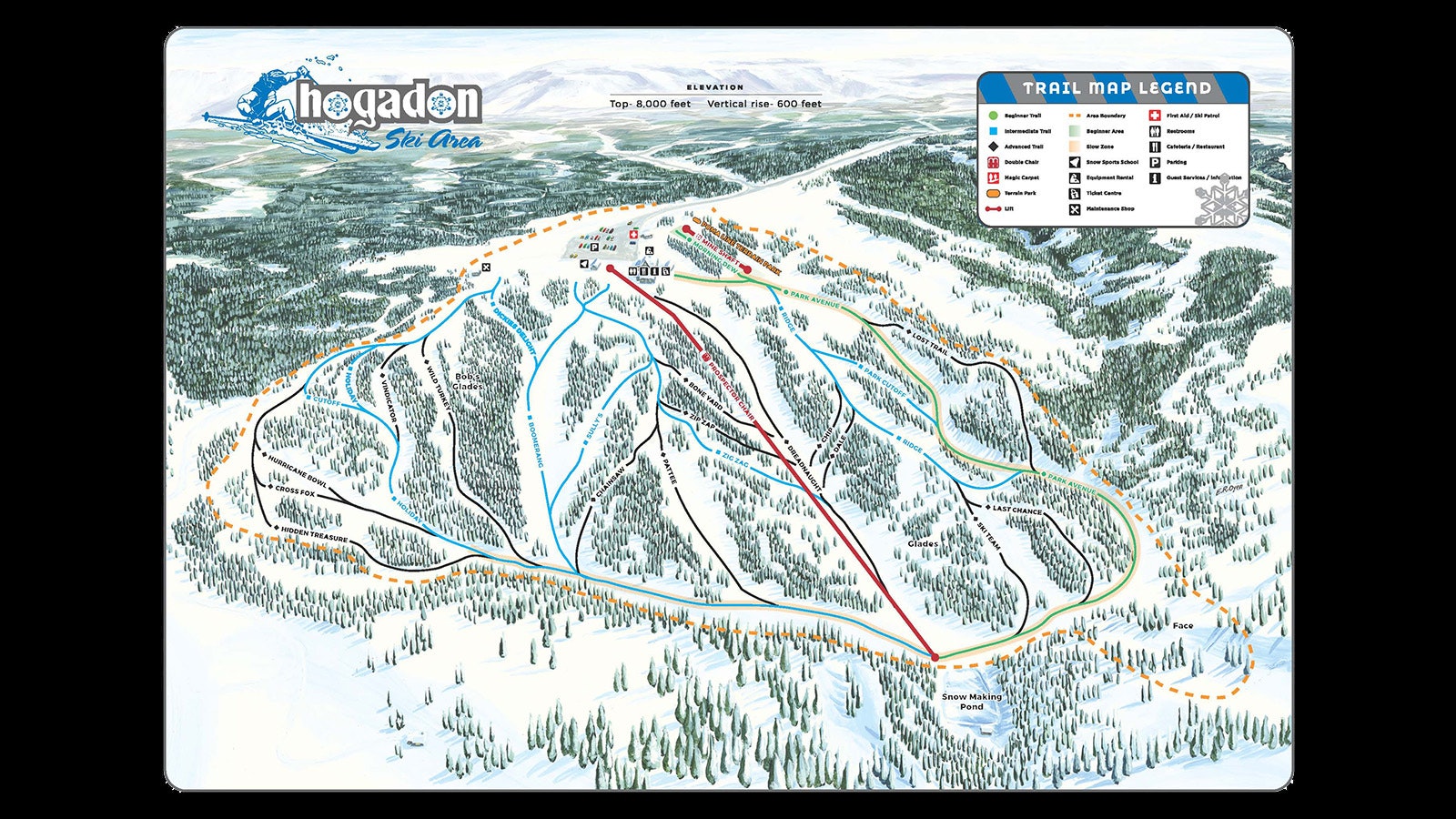 This map shows the parking and staging area at Hogadon near Casper is at the summit instead at the bottom of the runs.