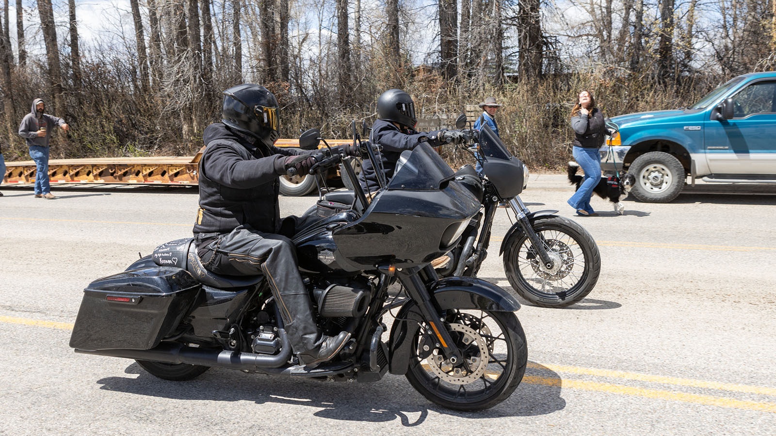 Organizer Jonas Black and other riders in Hogs for Hope roll into Daniel, Wyoming, on May 26, 2024.