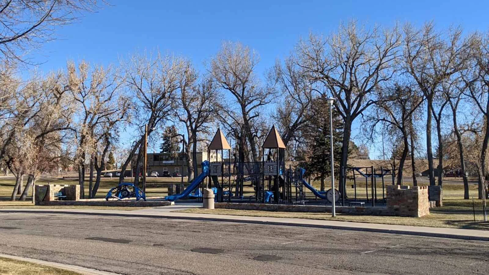 Stones salvaged from the Castle Dare carriage house were used to build the squat structures at this playground at Holiday Park in Cheyenne.