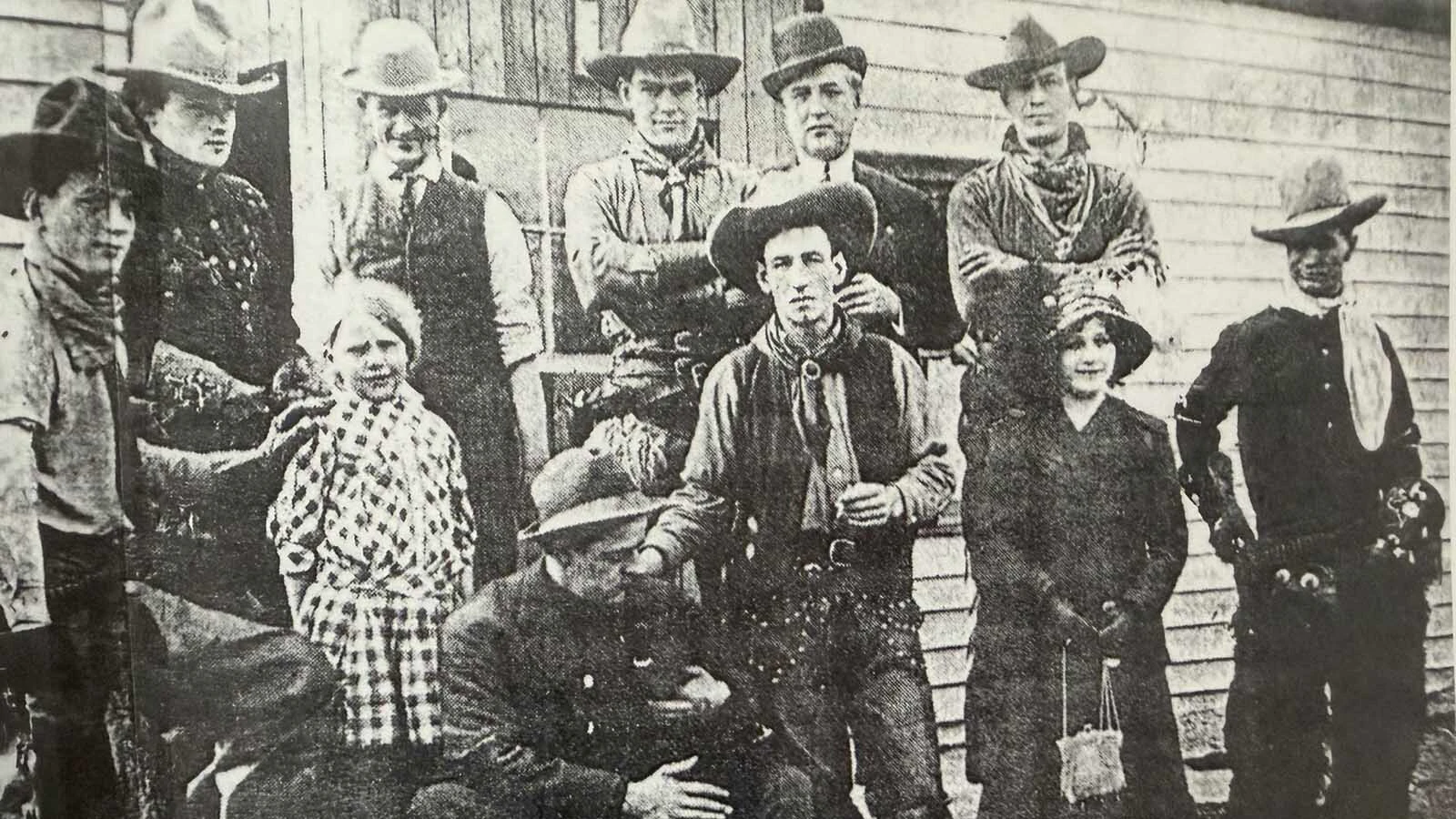 Harry Webb (far right) worked for the Lubin Film Company in Philadelphia as both a movie star and horse trainer. He was one of the early stuntman and was almost killed on set several times from an exploding car and shots that had disastrous results. He said that he and Smokey Warner of Chugwater were the only "real" cowboys who could tell a cow from a haystack. 