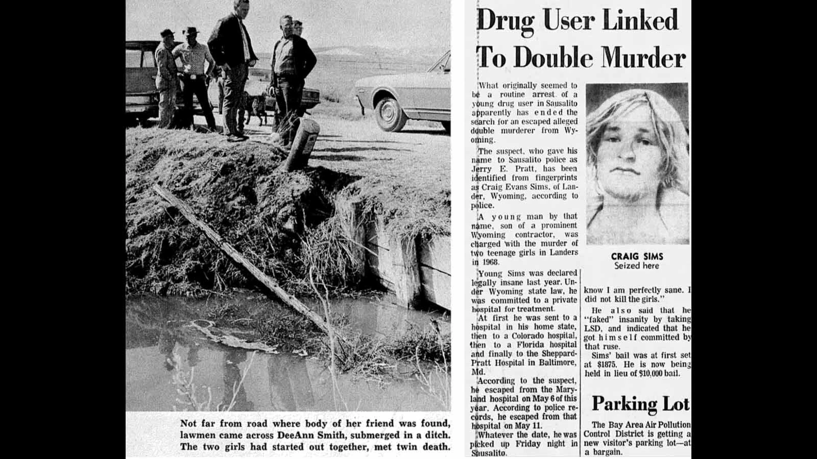Searchers at the location of Dee Ann Smith’s body in April 1969. Right, the San Francisco Chronicle reported on Craig Sims arrest in Sausalito, California in July 1970 after he escaped from a mental hospital in Maryland.