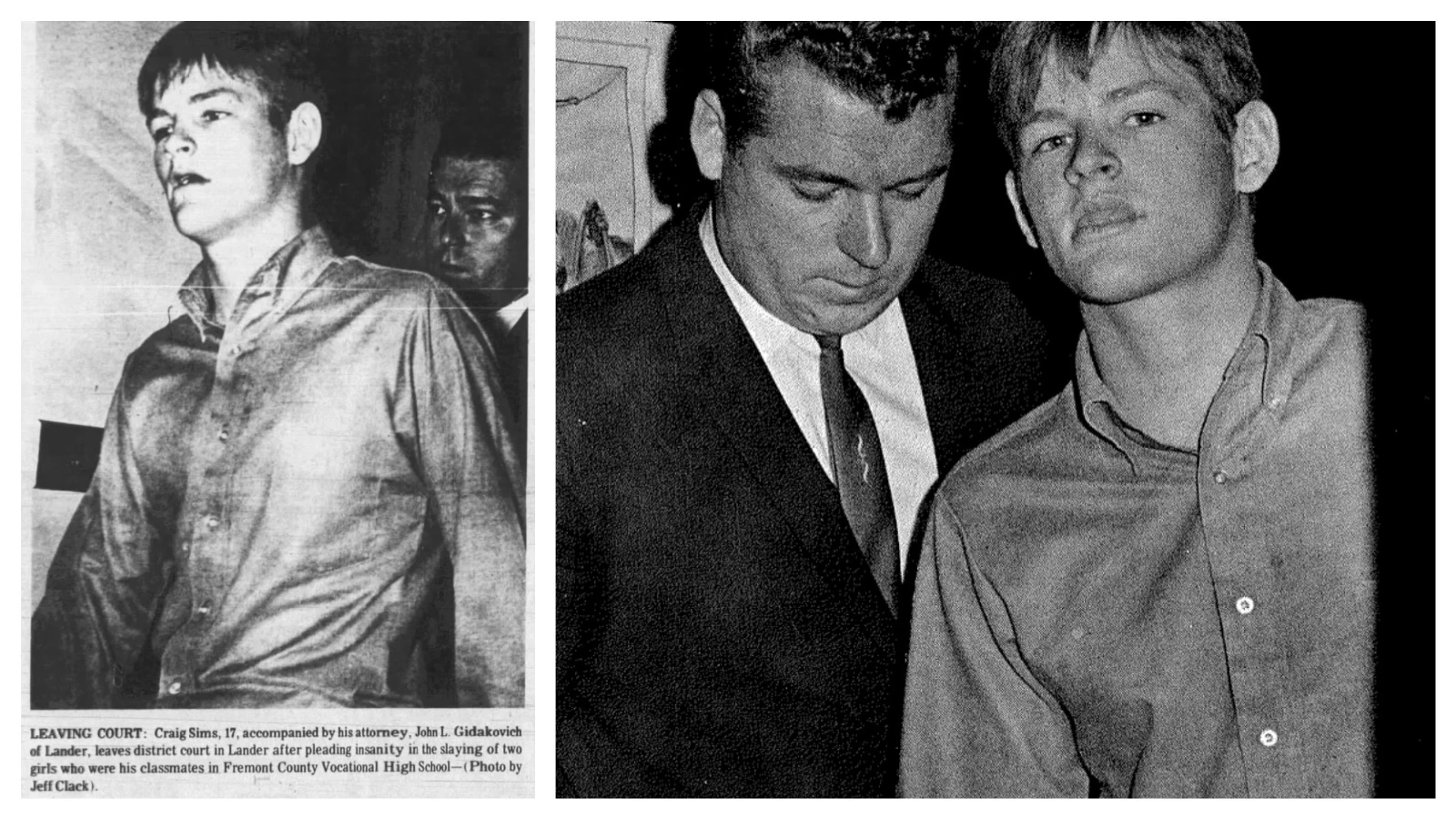 Left, Craig Sims leaves court with his attorney after pleading insanity for the murder of two girls in 1969. The photo was published in the April 11, 1969, Casper Star-Tribune. Right, Sims appears with his attorney in Fremont County in 1969.