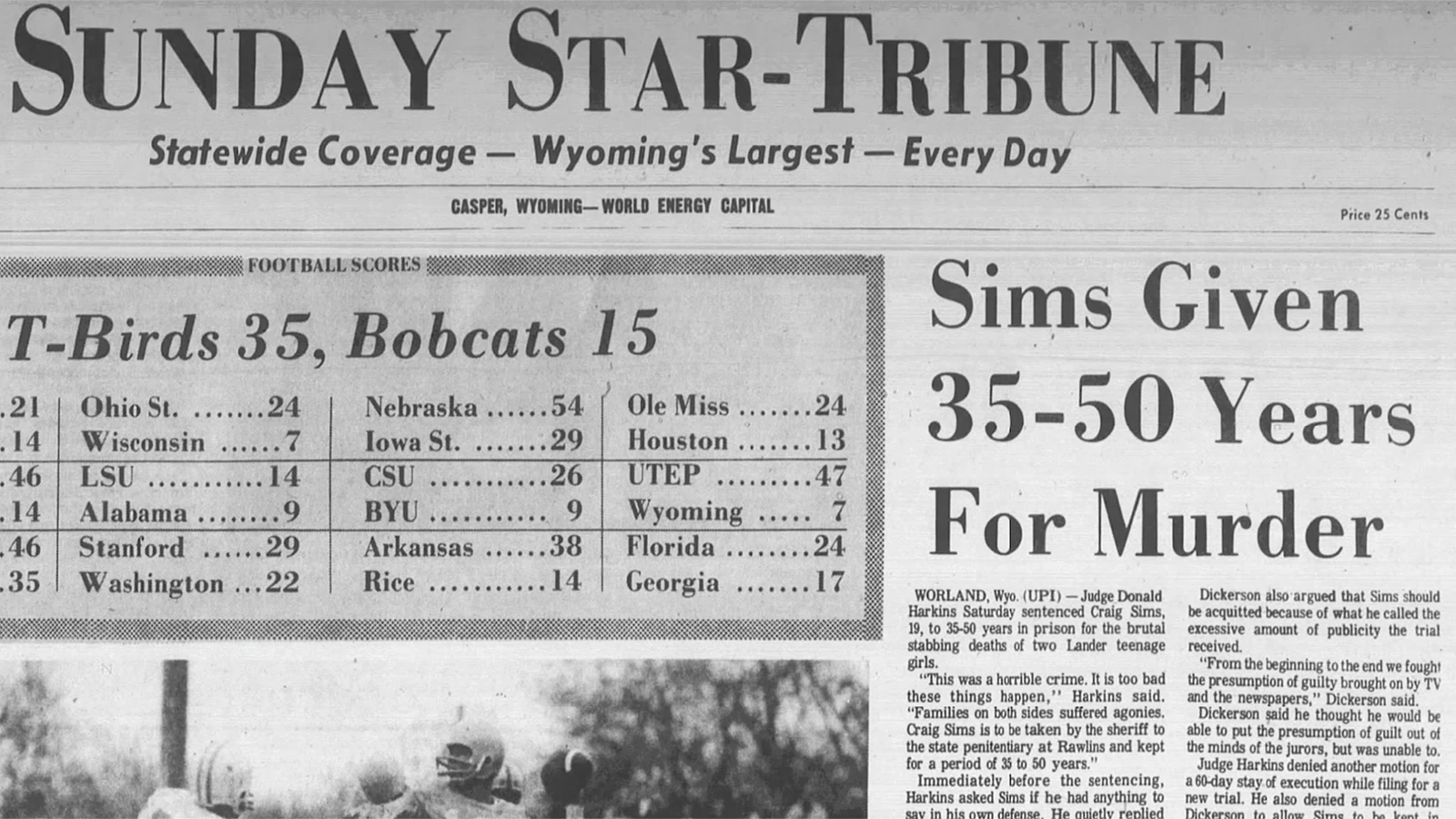 The Casper Star-Tribune reports on Craig Sims being sentenced for the murder of the two girls in November 1970.