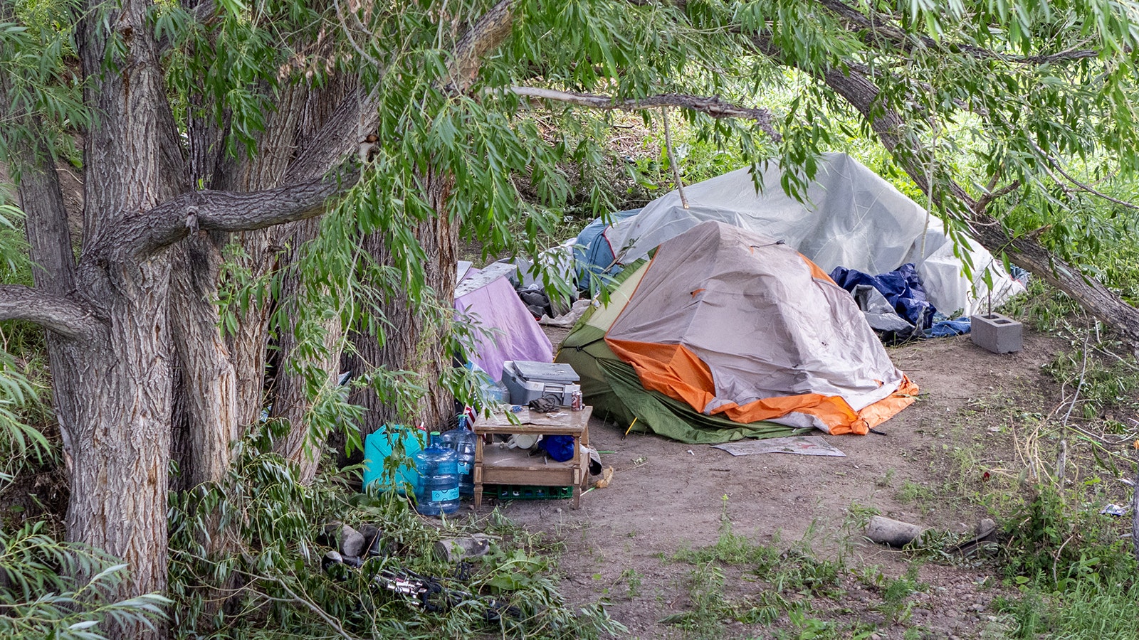 A homeless camp near Carey Avenue at West 3rd Street and Deming Drive along Crow Creek in Cheyenne, Wyoming.