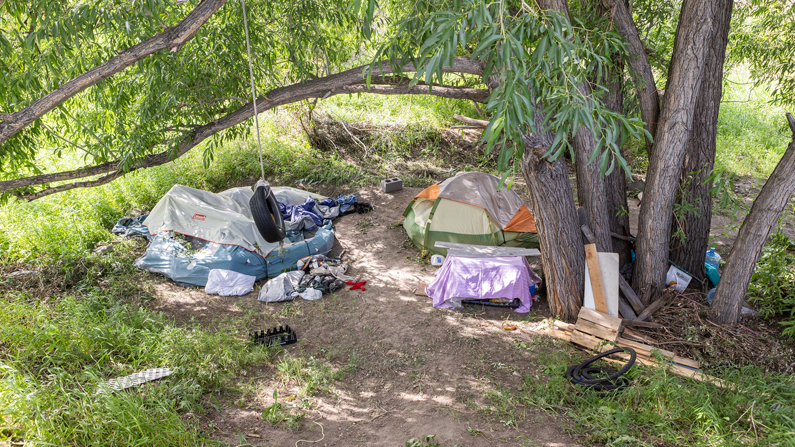 A homeless camp near Carey Avenue at West 3rd Street and Deming Drive along Crow Creek in Cheyenne, Wyoming.