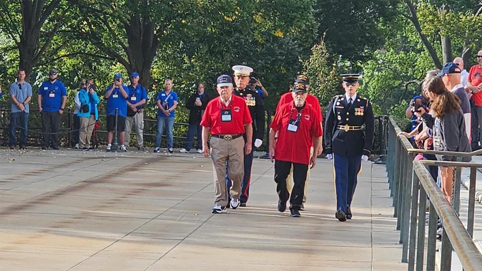 Members of the Rocky Mountain Honor Flight take part in the laying of a wreath at the Tomb of the Unknown Soldier.