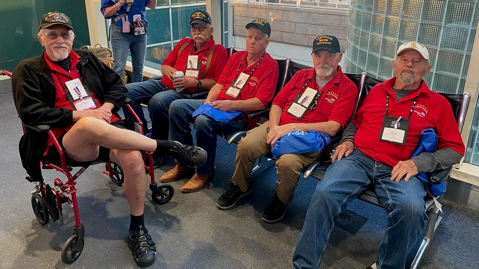 Wyoming veterans wait to board an aircraft as part of their Rocky Mountain Honor Flight.