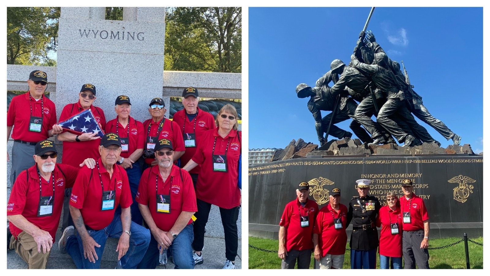 Left, Members of the Wyoming delegation of the Rocky Mountain Honor Flight pose in front of the state’s column at the World War II Memorial in Washington, D.C. Right, they're at the Marine Crops Memorial.