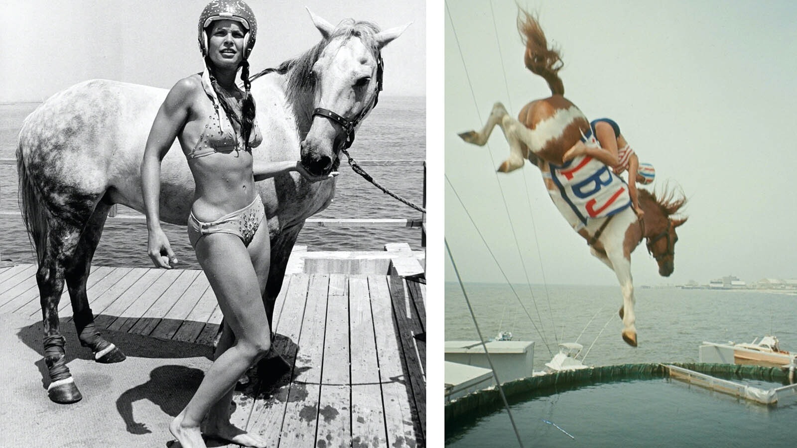 At left, a diving girl and her horse at the Steel Pier in 1977. At right, a diving show was still going strong in 1960.