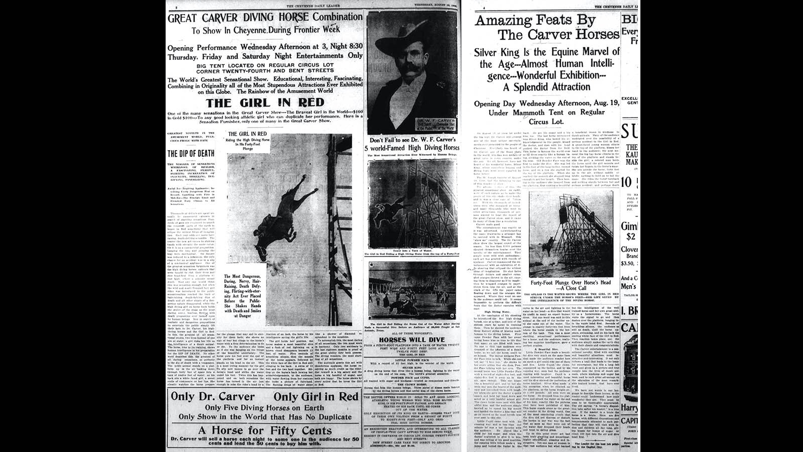 Carver's Diving Horses debut in Wyoming in 1908, as reported in the Cheyenne Daily Leader.