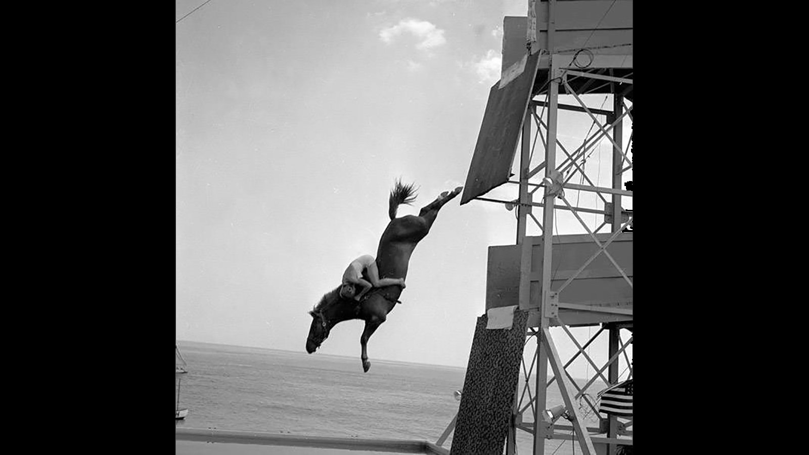 Notice the tuck as this unnamed rider plunges toward the pool below in 1955.