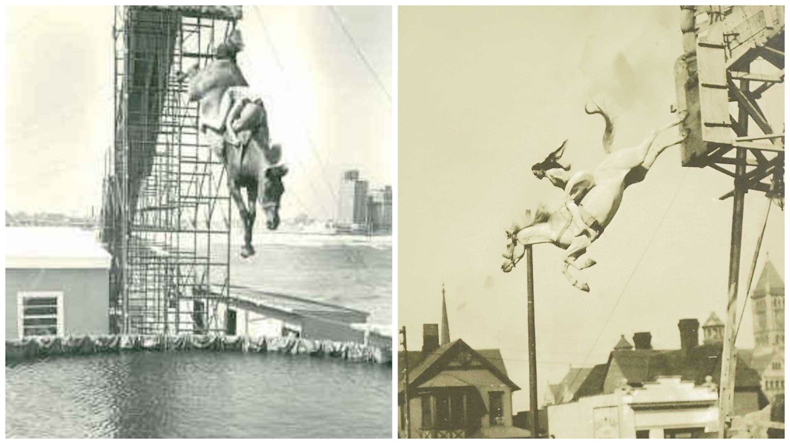 Oscar Smith's dive to death, left. At right, Two Feathers makes a jump.