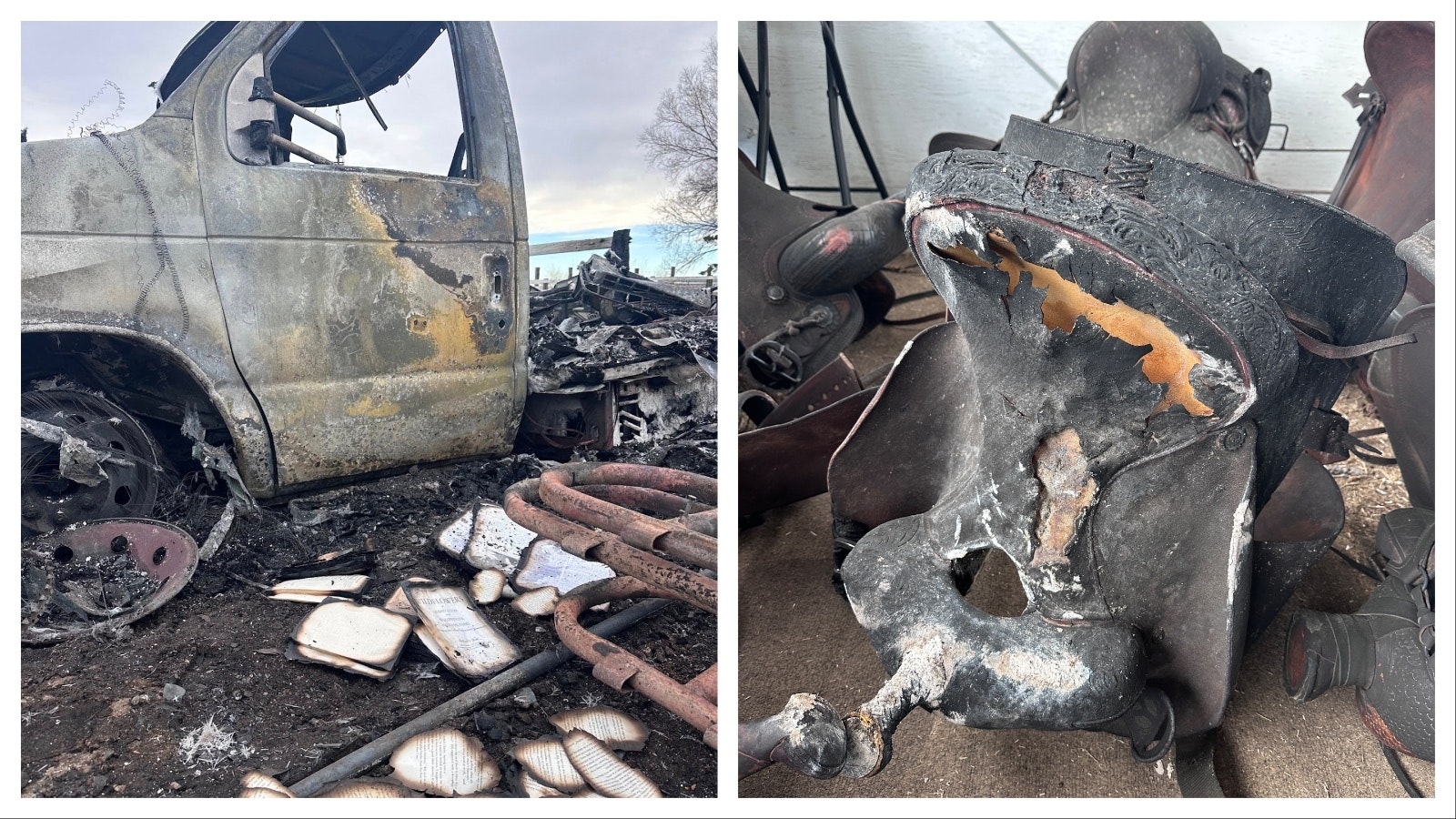Meredith Zajac’s RV with many personal items as well as specialized camping gear she used as a guide was destroyed as well as the barn. At right, one of the burned up saddles.