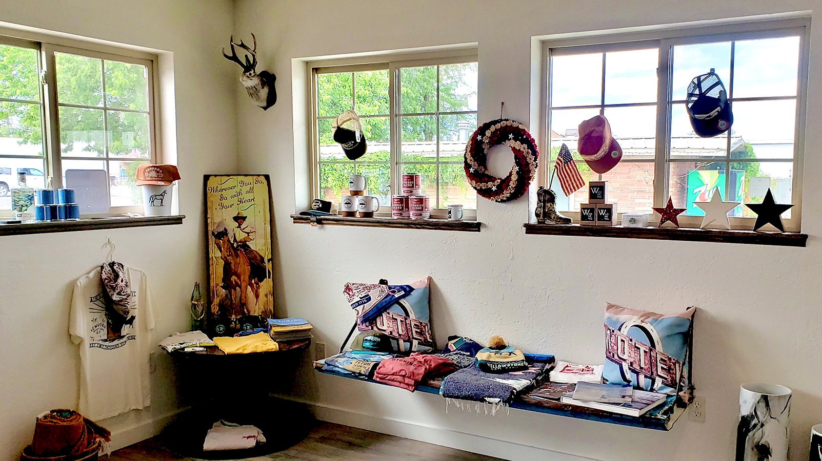 A variety of handmade items and other souvenirs are available for sale in the motel office.