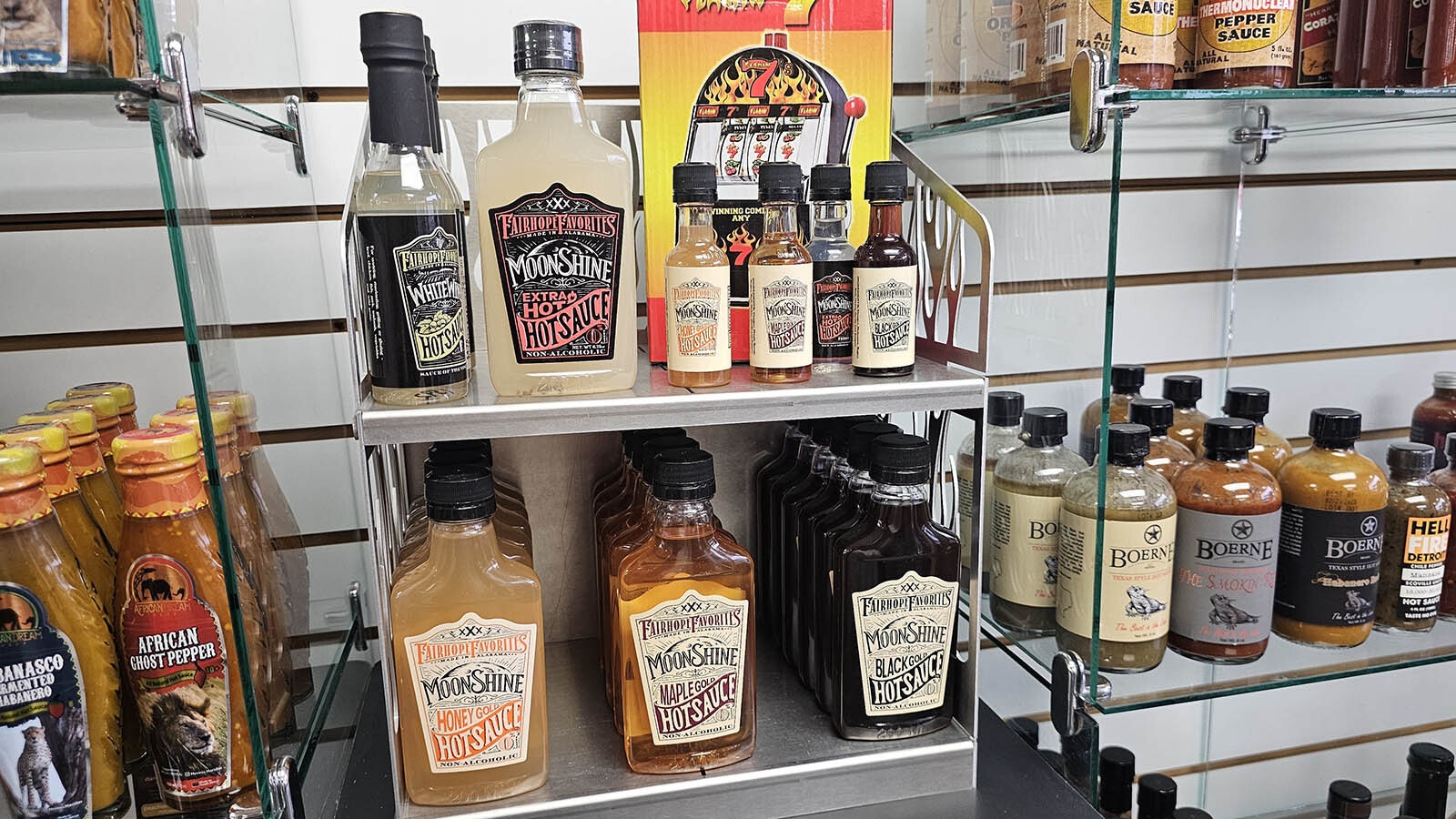 These Moonshine hot sauces aren't very hot, Discover Thermopolis owner Howie Samelson told Cowboy State Daily, but they make good marinades, and are popular.