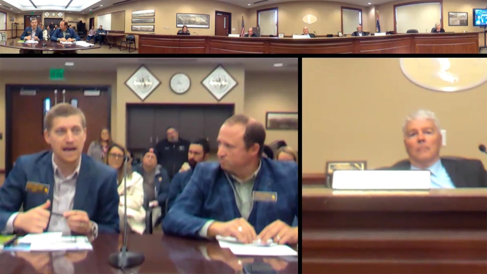 Wyoming County Commissioners Association natural resource counsel Micah Christensen, left, and executive director Jerimiah Rieman presented Tuesday to the Hot Springs County Commission, after one commissioner said he wanted to break from the group. Commission Chair Tom Ryan, right, strongly opposed such a break.