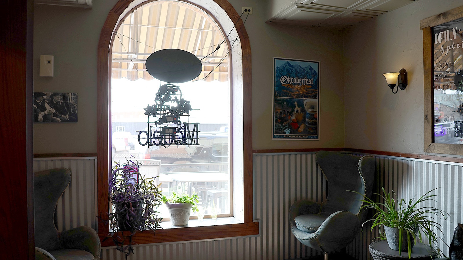 A distinctive arched window in the hotel bar looks out onto Walnut Street in Douglas.