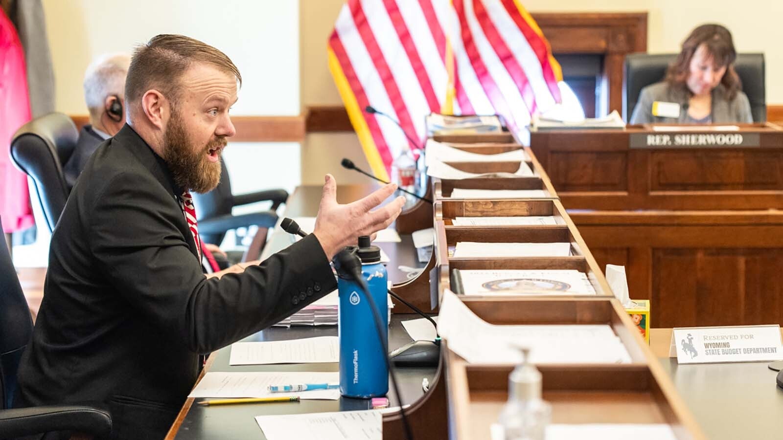 State Rep. Jeremy Haroldson, R-Wheatland, talks about rebuilding the LaPrele Dam during a House Appropriations Committee meeting Jan. 28, 2025.