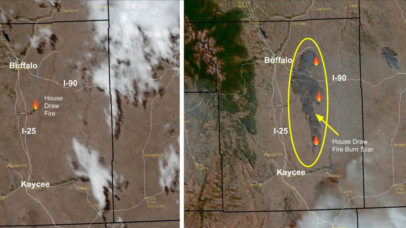 The area covered by the House Creek Fire on this map produced by the National Weather Service office in Riverton, Wyoming.