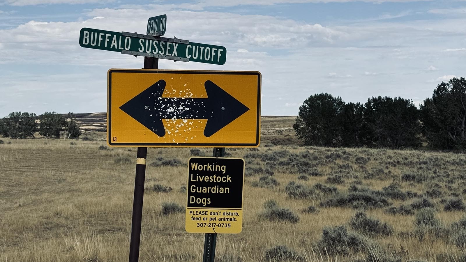 Above, a road sign at the intersection of Reno Road and Buffalo Sussex Cutoff Road. There’s still five more miles of driving to reach Vic Goni’s sheep operation.