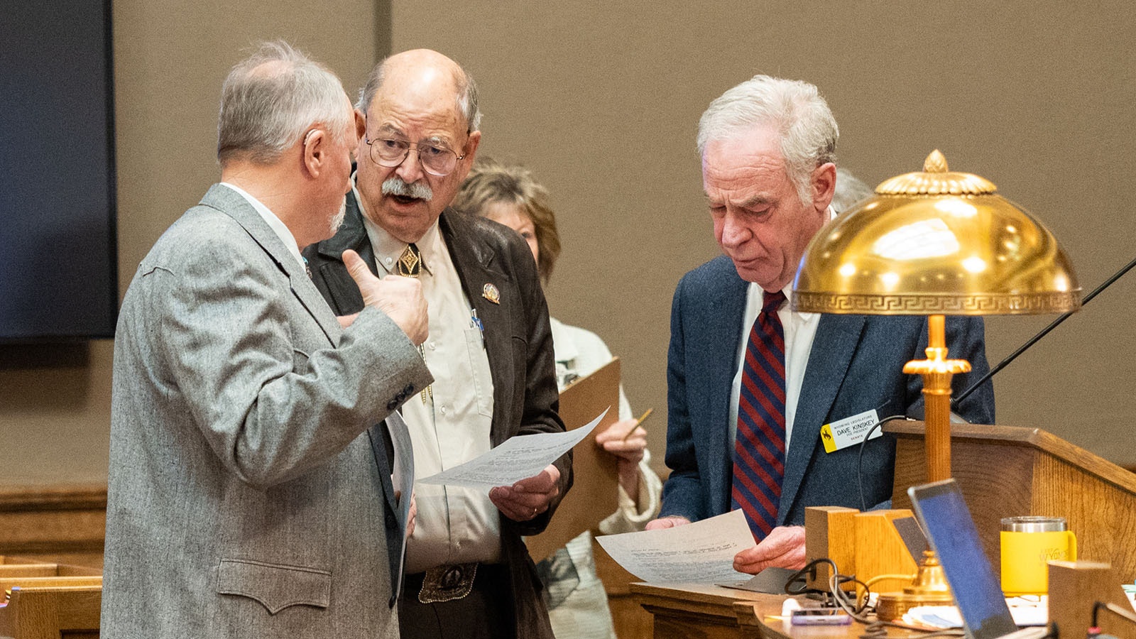 Members of the Wyoming House JCC in a discussion during final budget talks Friday at the state Capitol in Cheyenne.