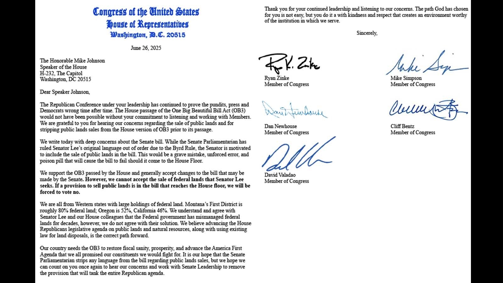 House Republicans Letter Public Lands 6 27 25
