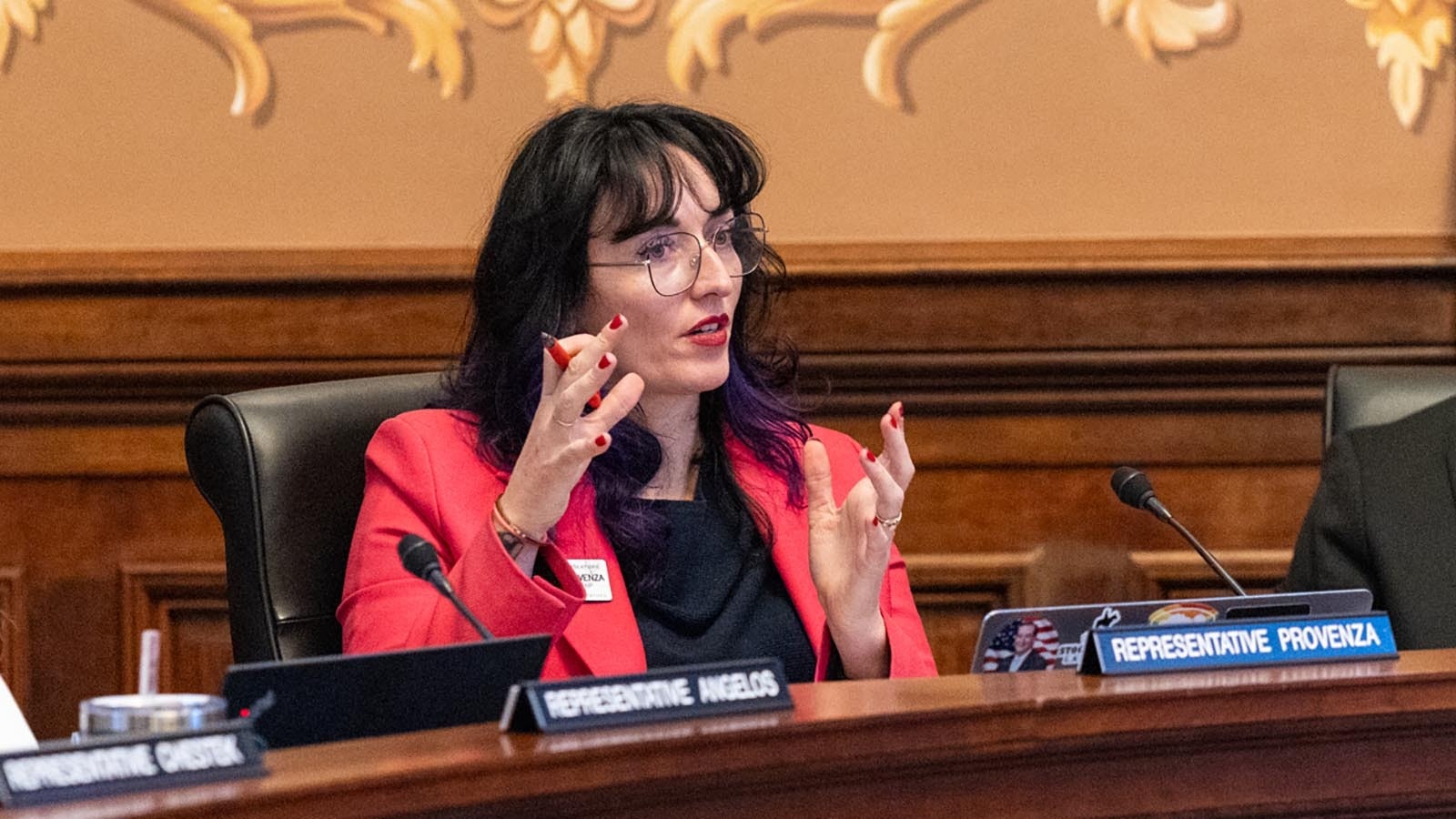 The House Rules Committee, including Rep. Karlee Provenza, D-Laramie, discuses replacing traditional roll call votes with electronic push-button voting.